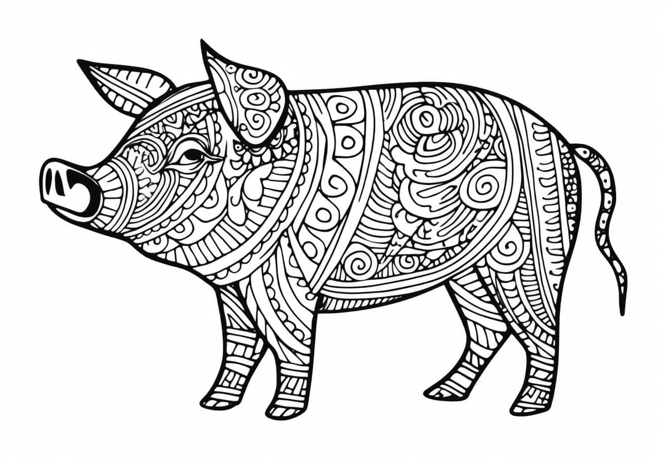 Pig Coloring Pages, pig, "Zentangle" coloring style