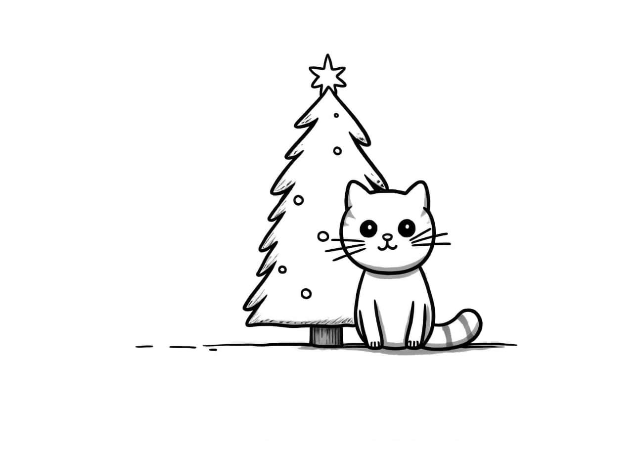 Christmas cat Coloring Pages, クリスマスツリーと猫