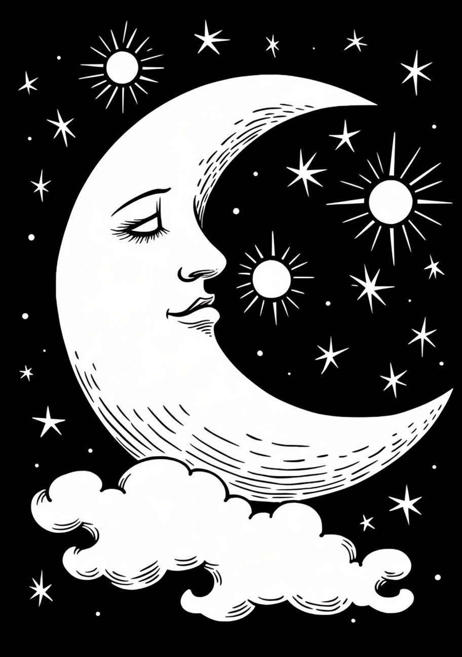 Moon Coloring Pages, Cartoon Moon and stars