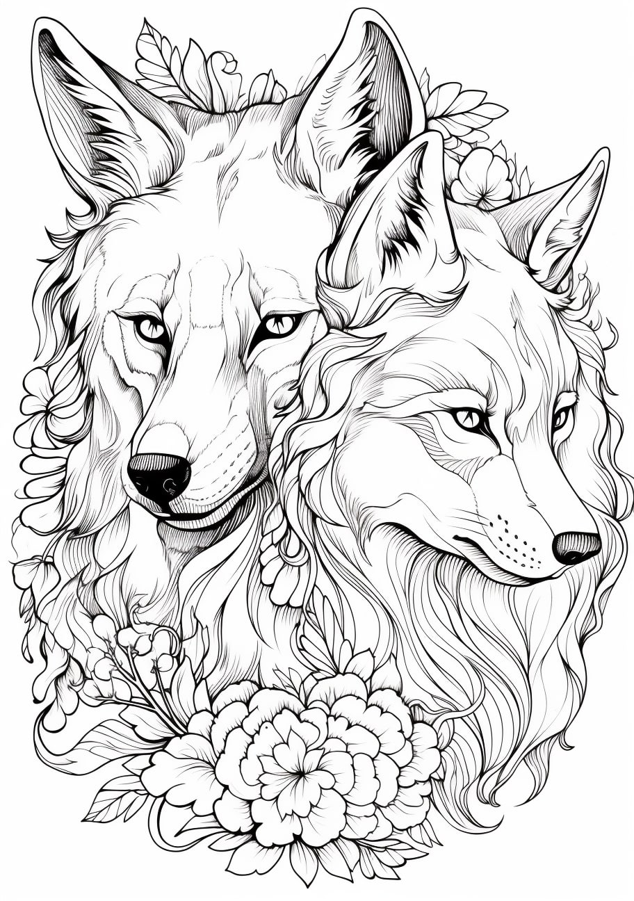 Canidae Coloring Pages, Precioso arte del lobo y el zorro