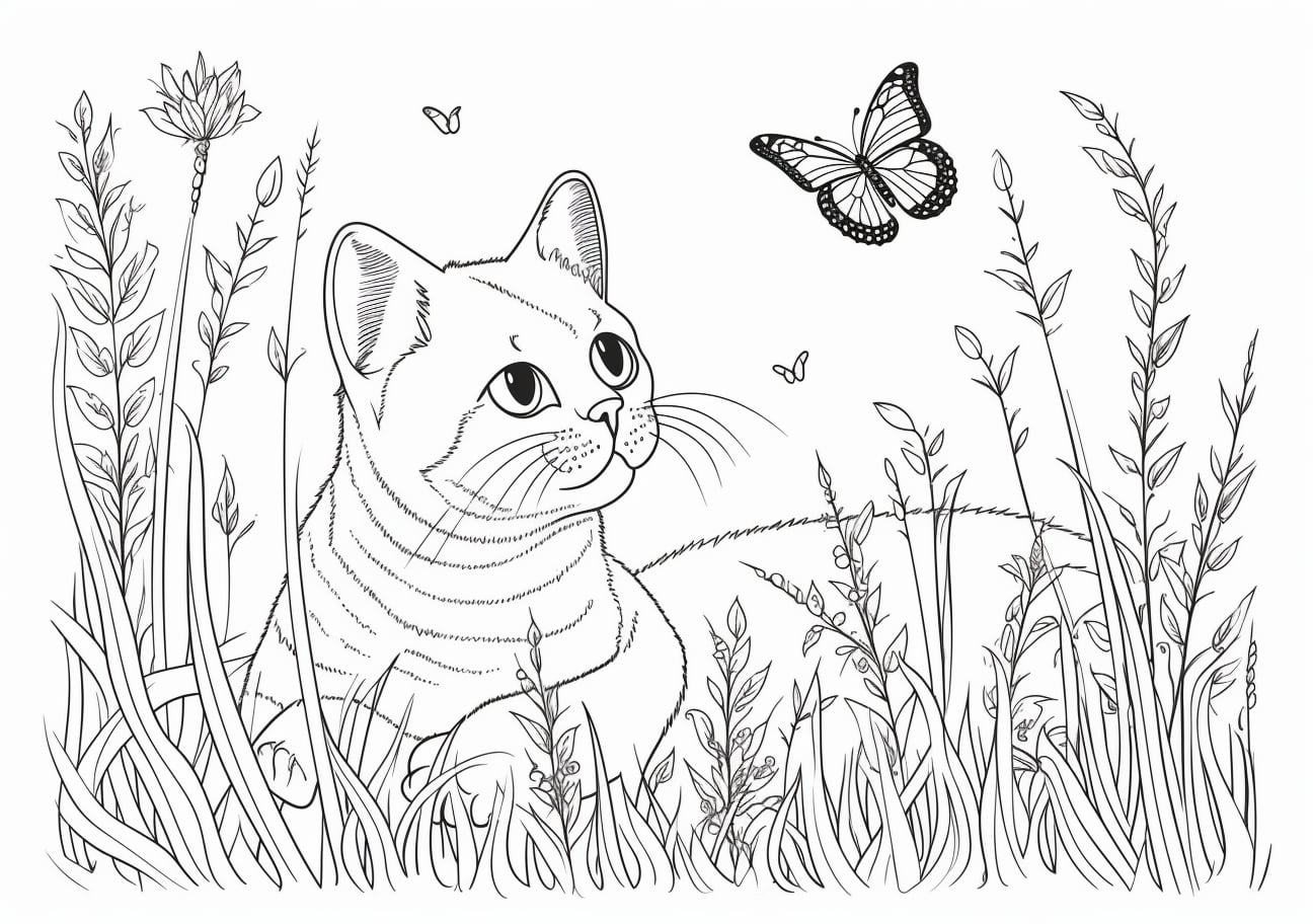 Domestic Animals Coloring Pages, cat in the grass and a butterfly
