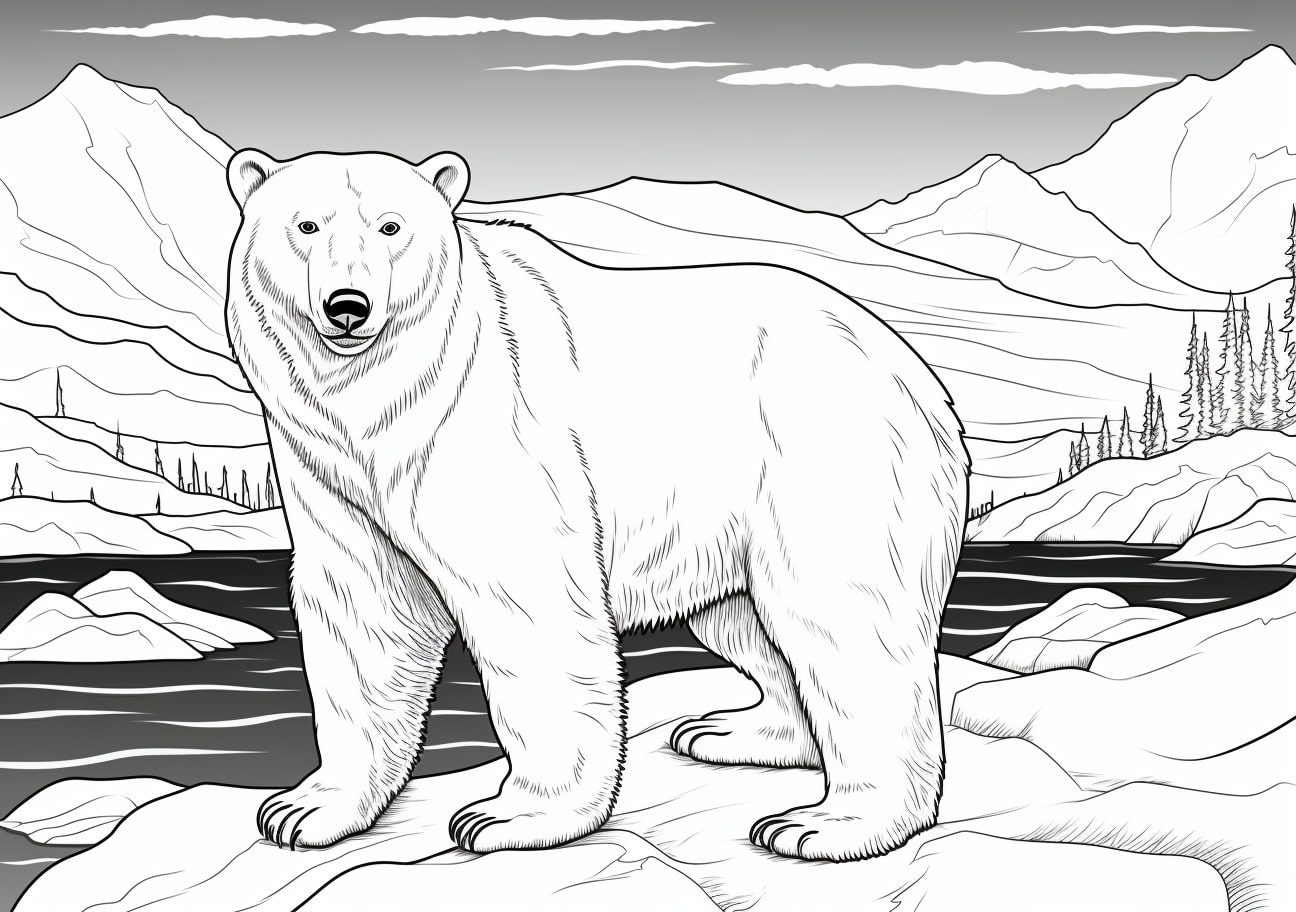 Polar Bear Coloring Pages, 氷河近くのホッキョクグマ