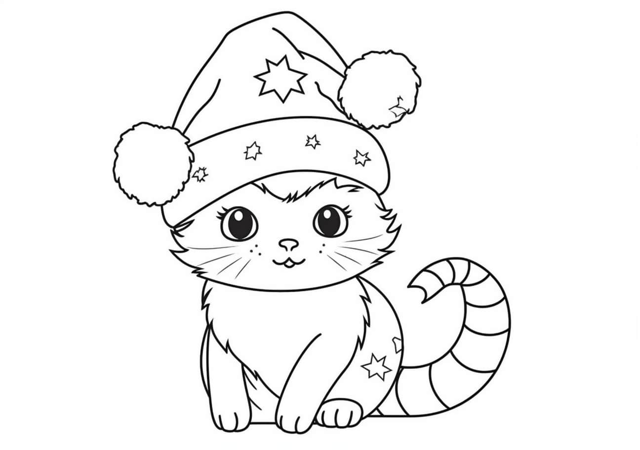 Christmas cat Coloring Pages, Chat en peluche avec un chapeau de Nouvel An