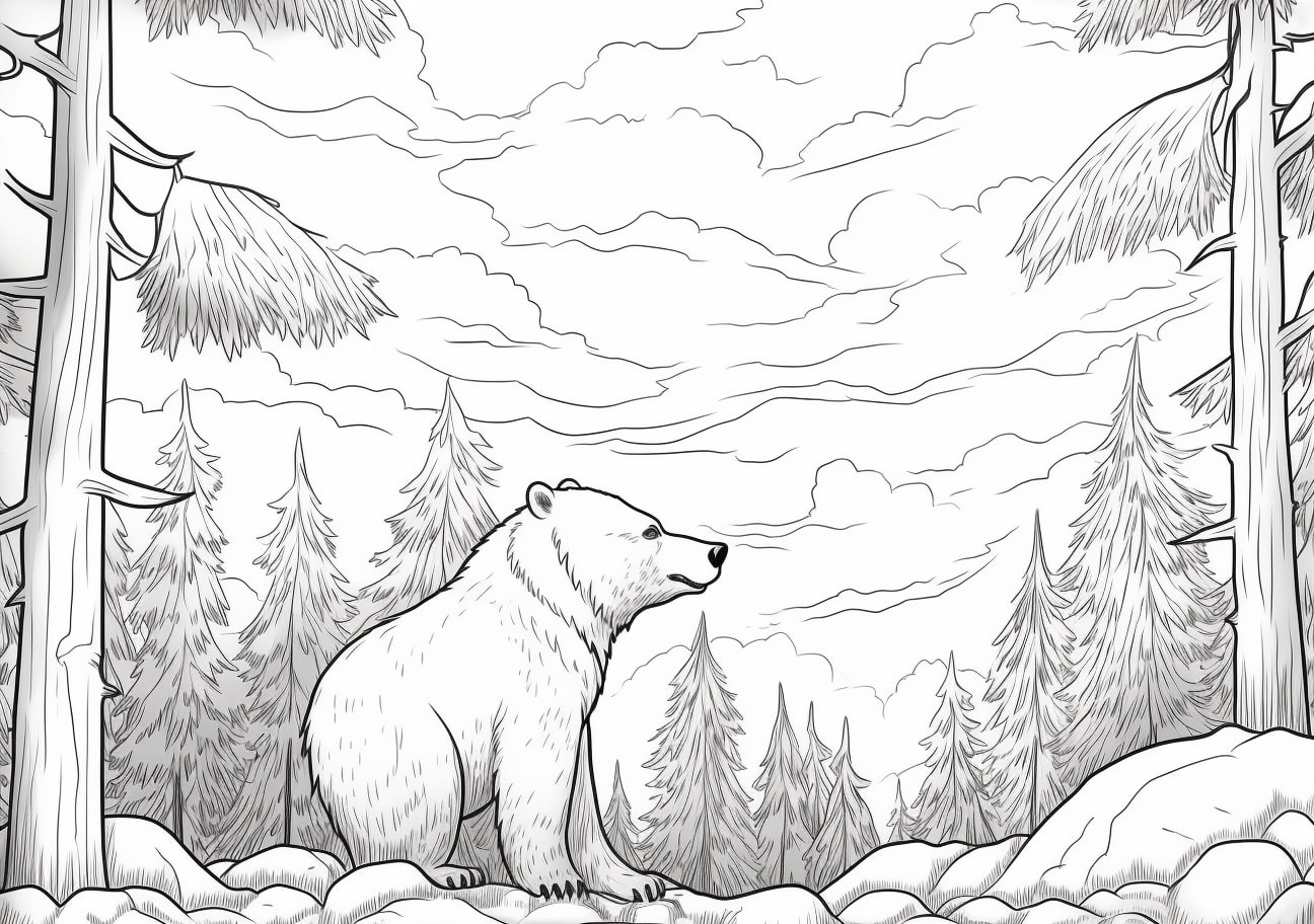 Bear Coloring Pages, Cute bear in forest