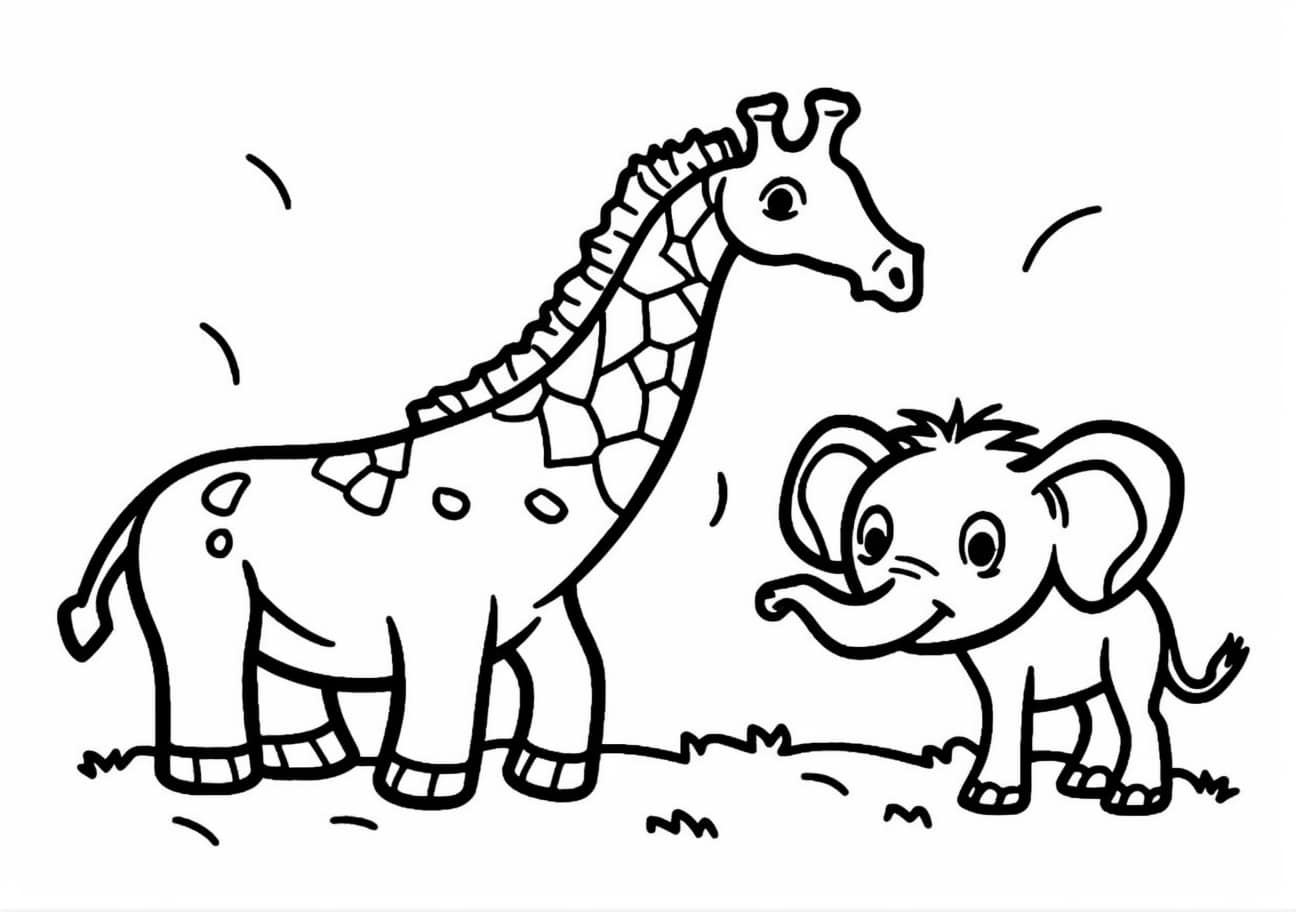 Wild Animals Coloring Pages, Elephant and giraffe in simple cartoon style