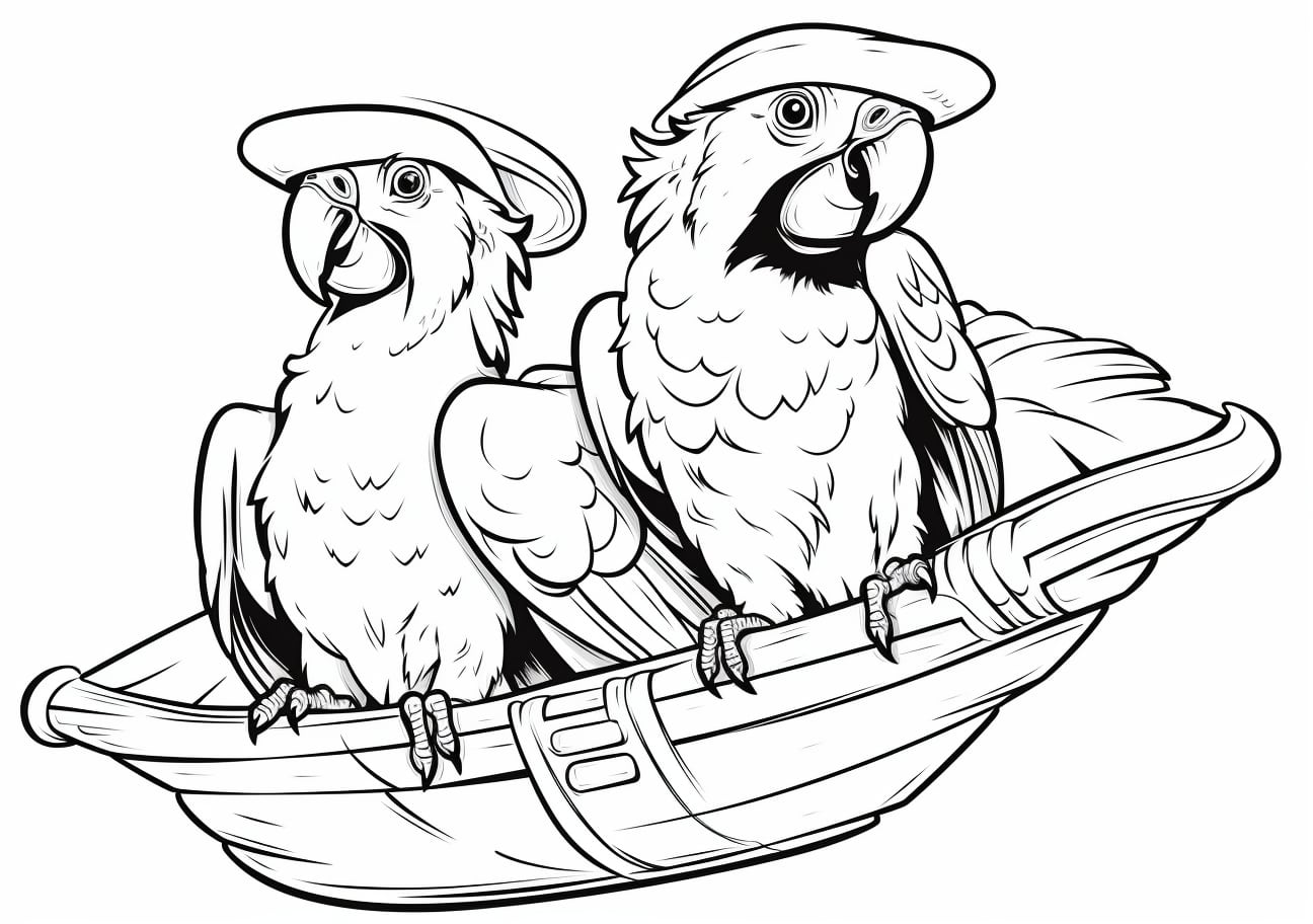 Parrot Coloring Pages, Deux perroquets-pirates sur un bateau
