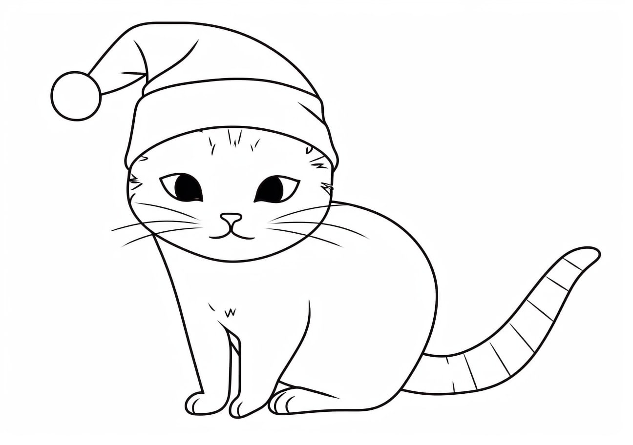 Christmas cat Coloring Pages, Gros chat avec bonnet de Noël