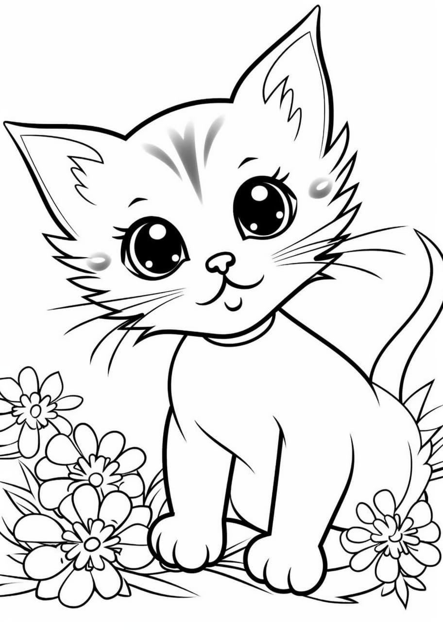 Kitten Coloring Pages, 花の中に座る美しい子猫