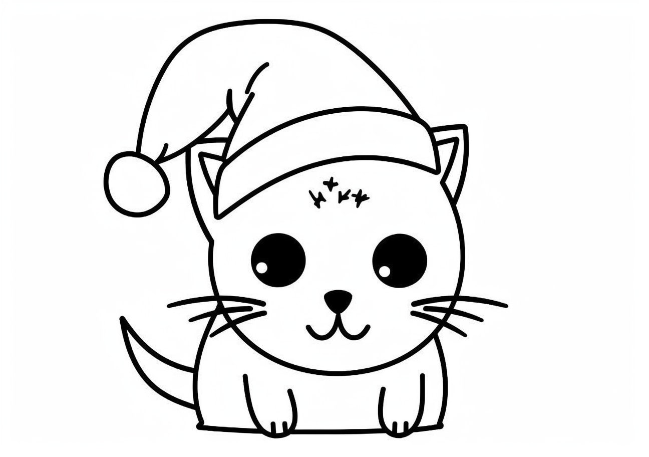 Christmas cat Coloring Pages, Chat de Noël, emoji simple