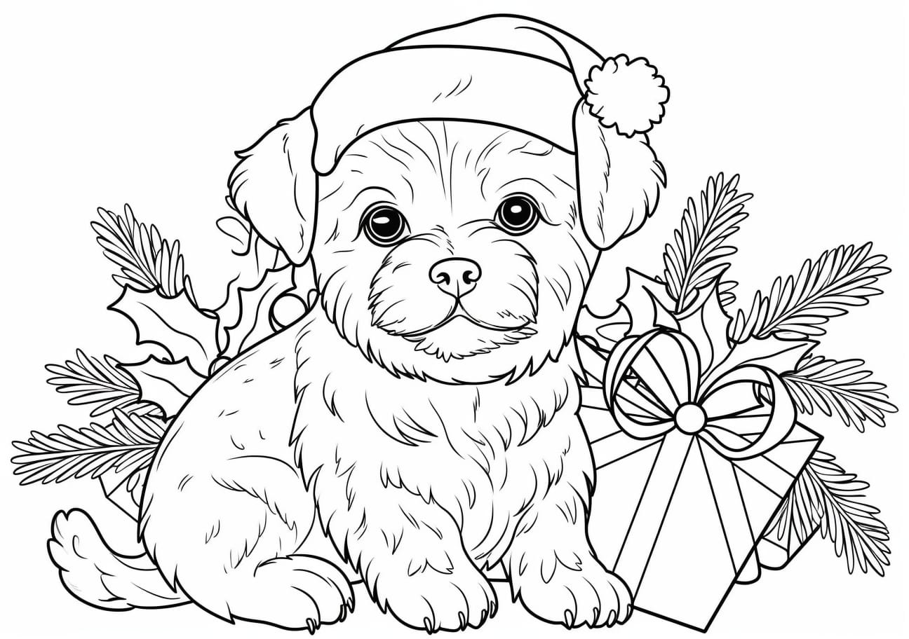 Dog Coloring Pages, christmas dog with gift box