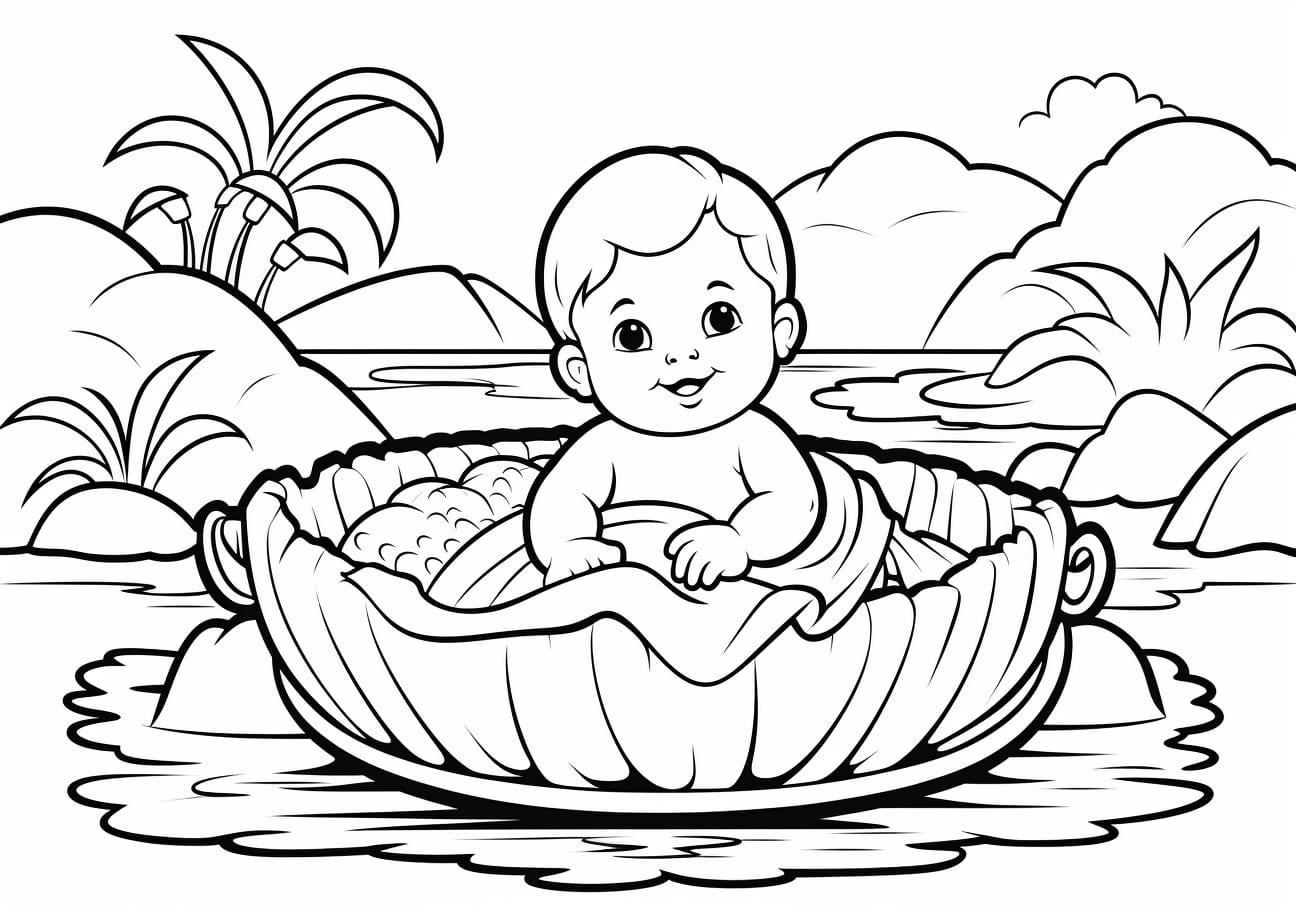 Baby Moses Coloring Pages, Bébé Moïse dans un panier dans une rivière