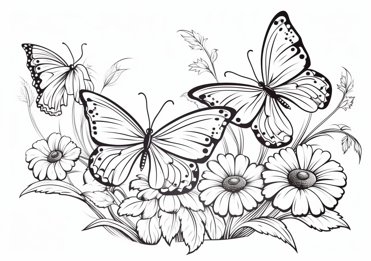 Butterflies And Flowers Coloring Pages, Papillon avec des fleurs