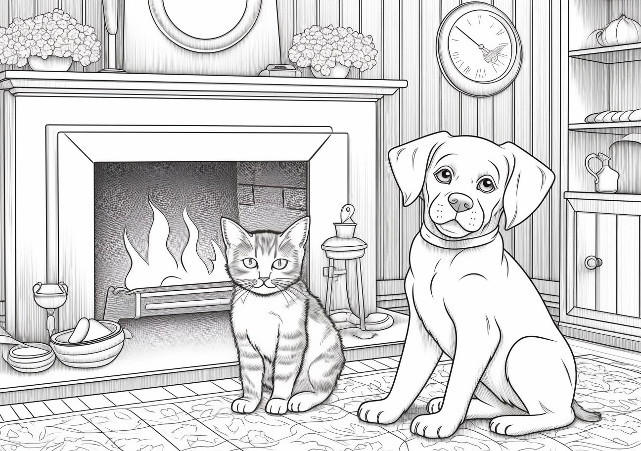 Domestic Animals Coloring Pages, dog and cat at home