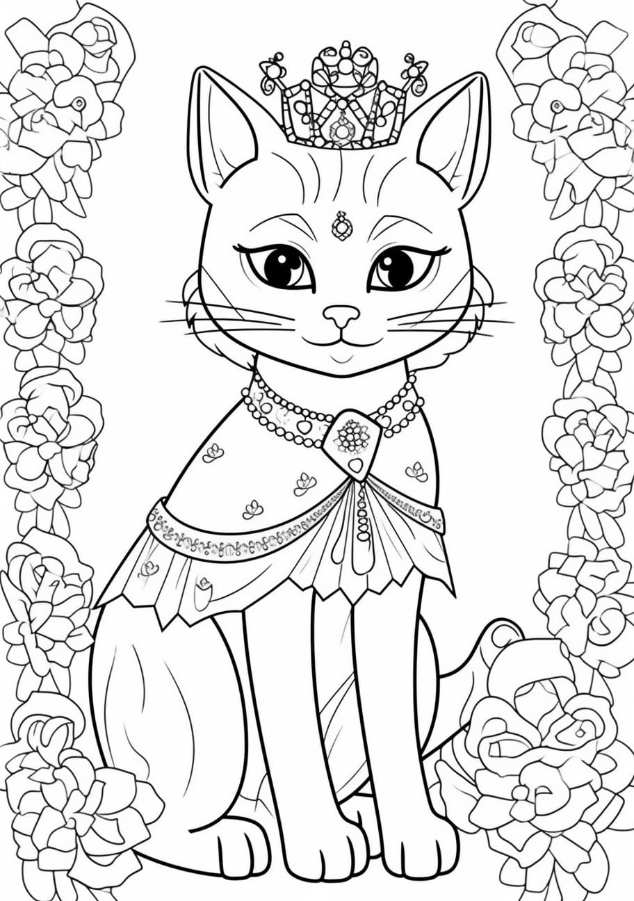 Cute cat Coloring Pages, かわいいお姫様猫