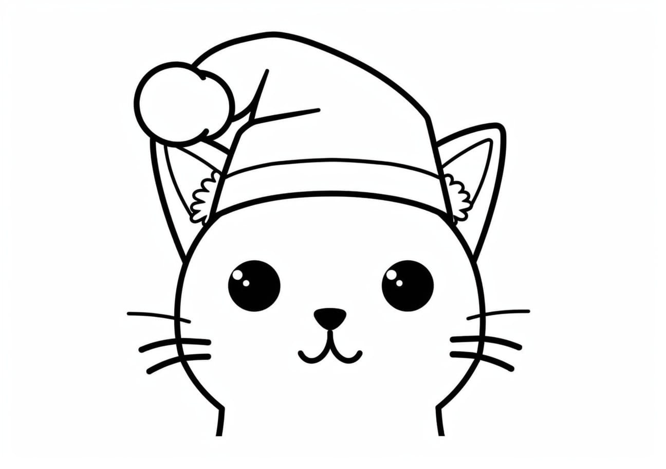 Christmas cat Coloring Pages, Chat avec un chapeau de Nouvel An emoji