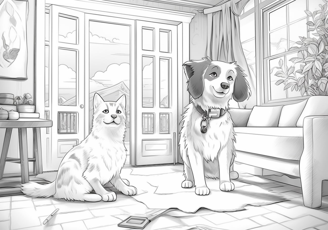 Domestic Animals Coloring Pages, cat and dog sitting in a room