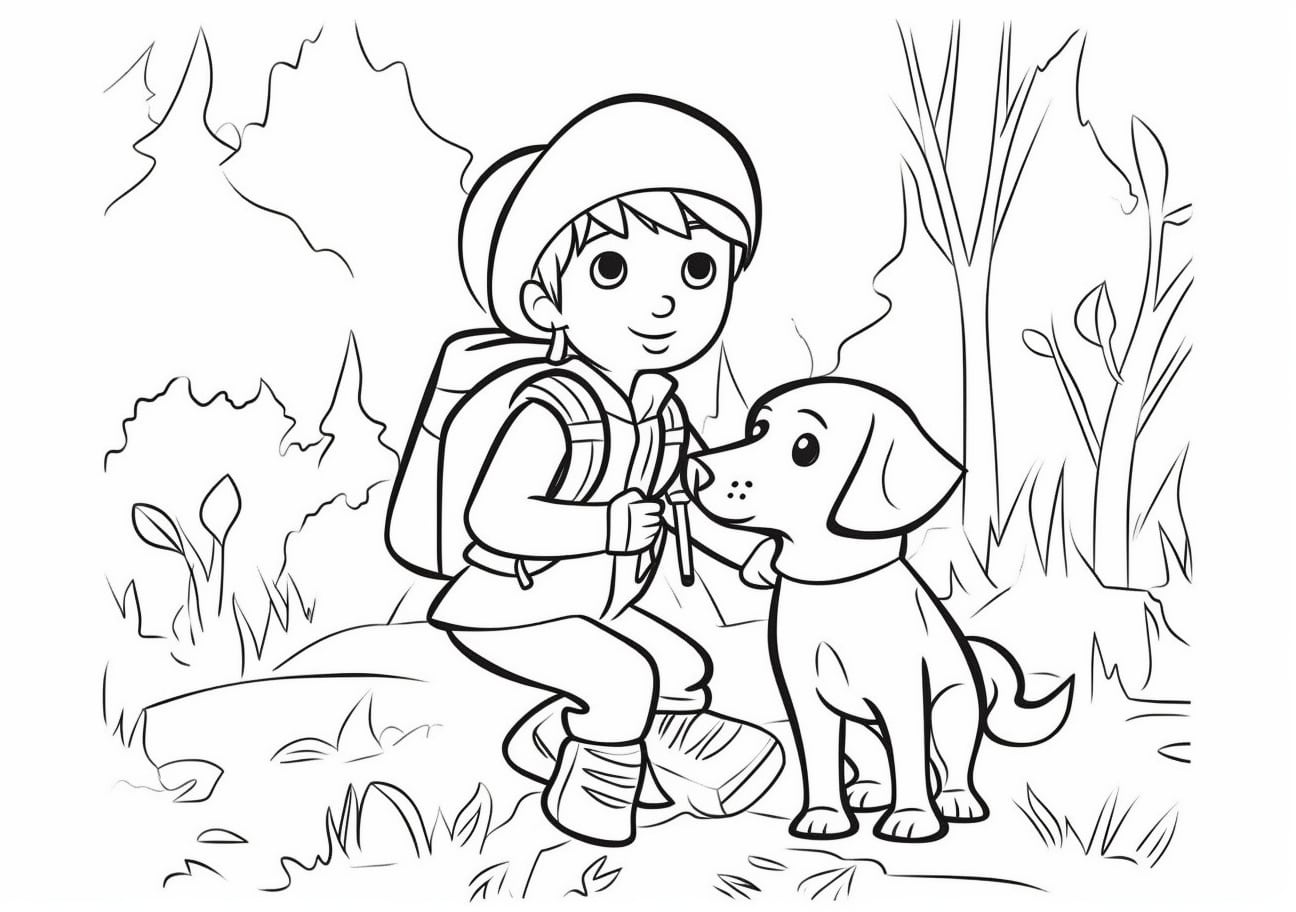 Pet Coloring Pages, 大好きなペットと一緒にいる小さな男の子