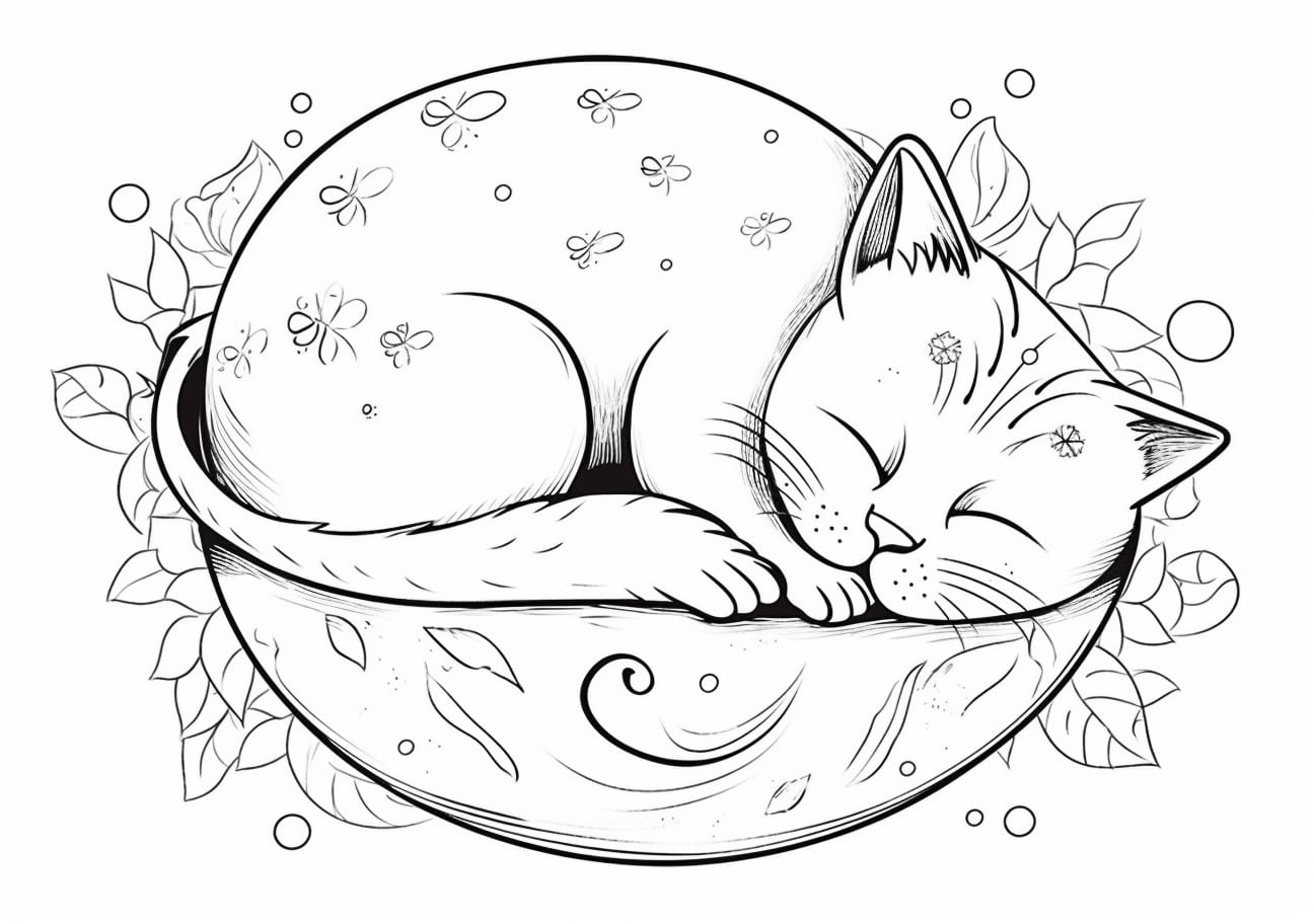 Cat Coloring Pages, Painting a kitten who sleeps in a basket