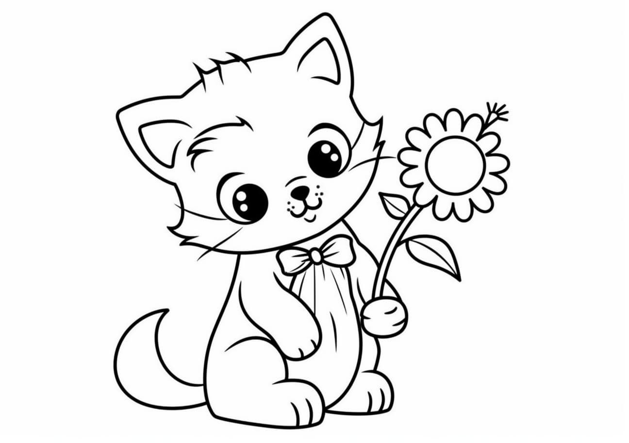 Kitten Coloring Pages, 前足に花を持ち、微笑む子猫ちゃん