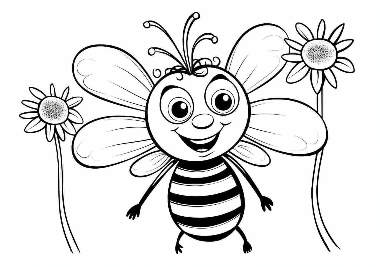 Bees Coloring Pages, Cartoon Bee and Flower