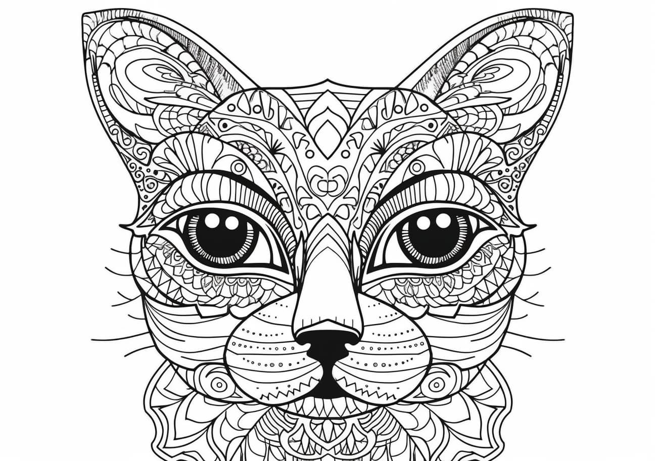 Cat face Coloring Pages, Mosaic-style coloring of a wise cat face