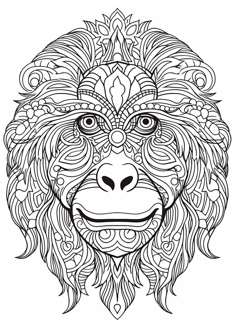 Primates Coloring Pages, 曼荼羅スタイルの霊長類の顔