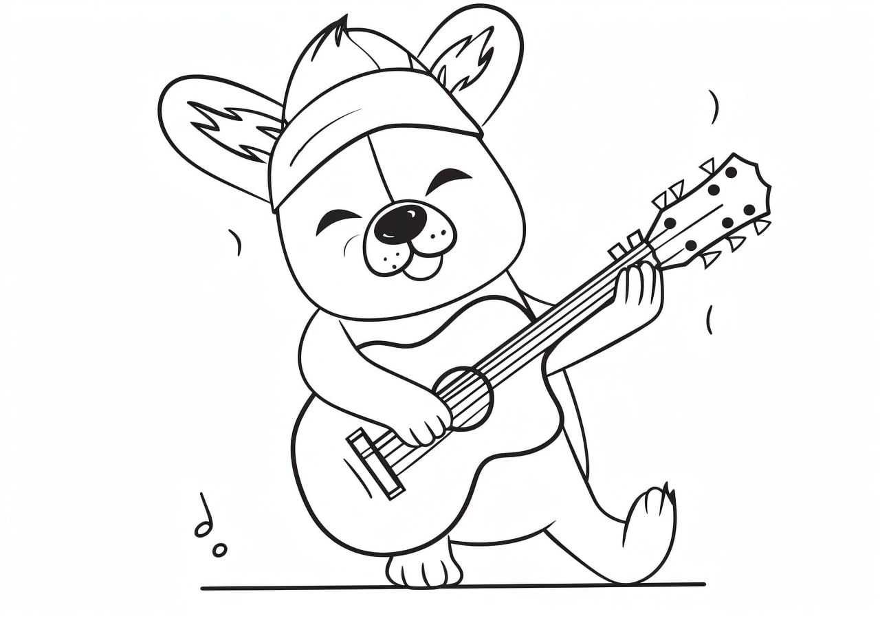 Cute dog Coloring Pages, Un drôle de chien joue de la guitare