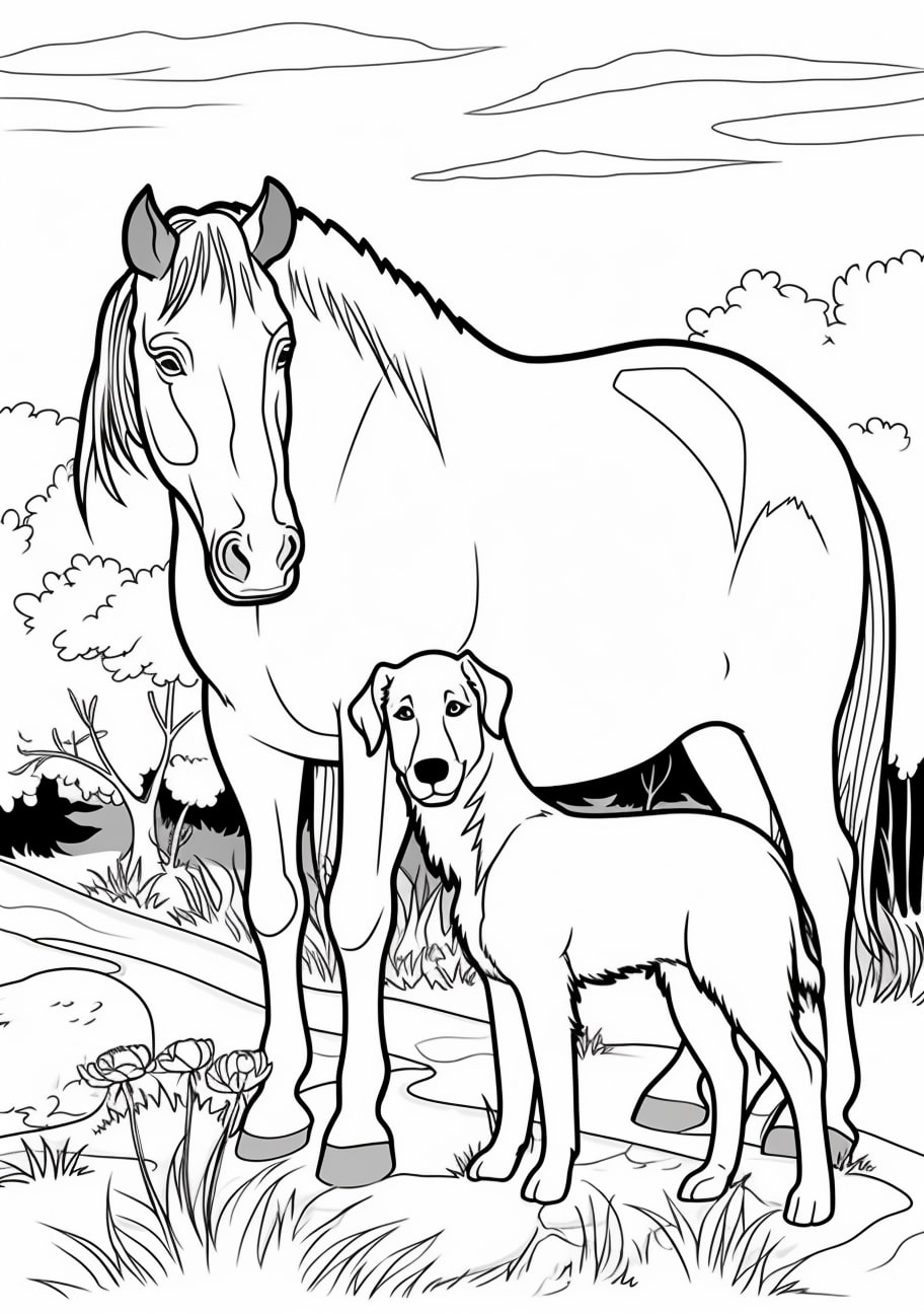 Animals Coloring Pages, 馬と犬がこちらを見ている