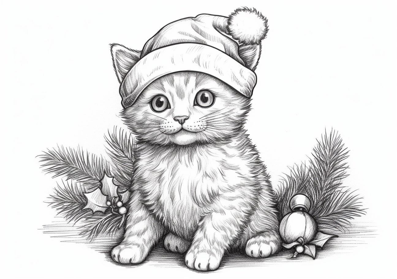 Christmas cat Coloring Pages, Gato de año nuevo, imagen en blanco y negro