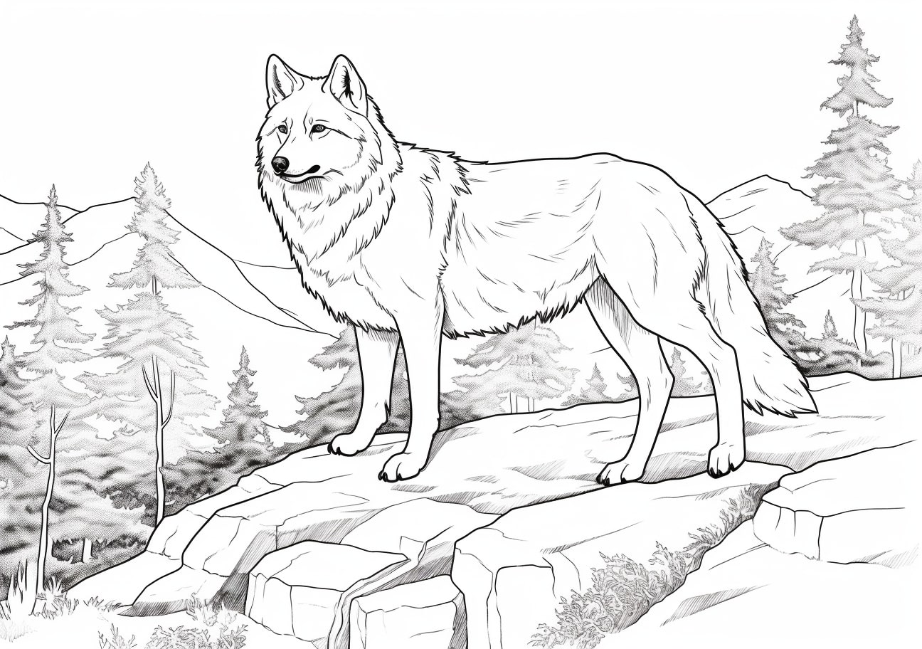 Wolf Coloring Pages, realistic wolf on stone