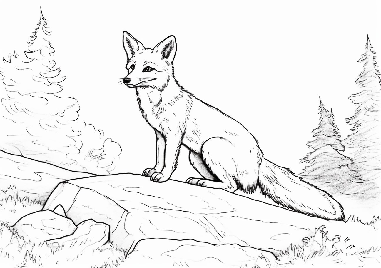 Zoo animals Coloring Pages, a fox sitting on a rock