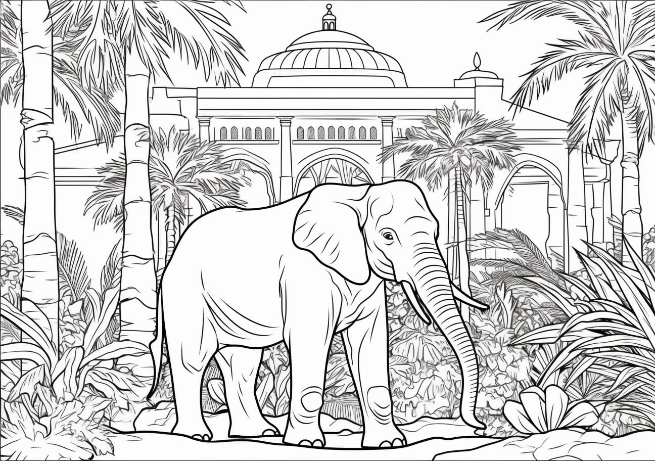 Zoo animals Coloring Pages, an elephant in a landscaped zoo