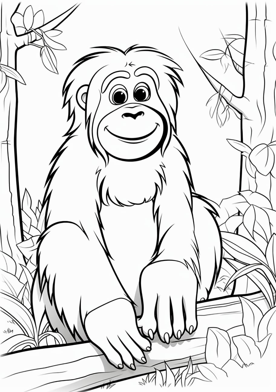 Orangutan Coloring Pages, 森の中の毛むくじゃらのオランウータン