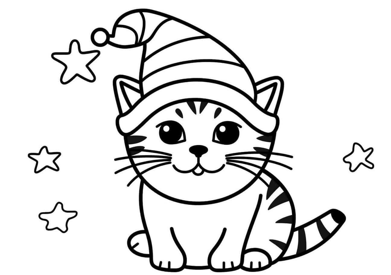 Christmas cat Coloring Pages, Chat de Noël, coloriage simple