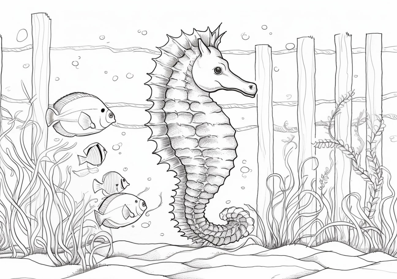 Aquatic Animals Coloring Pages, Sea horse art coloring