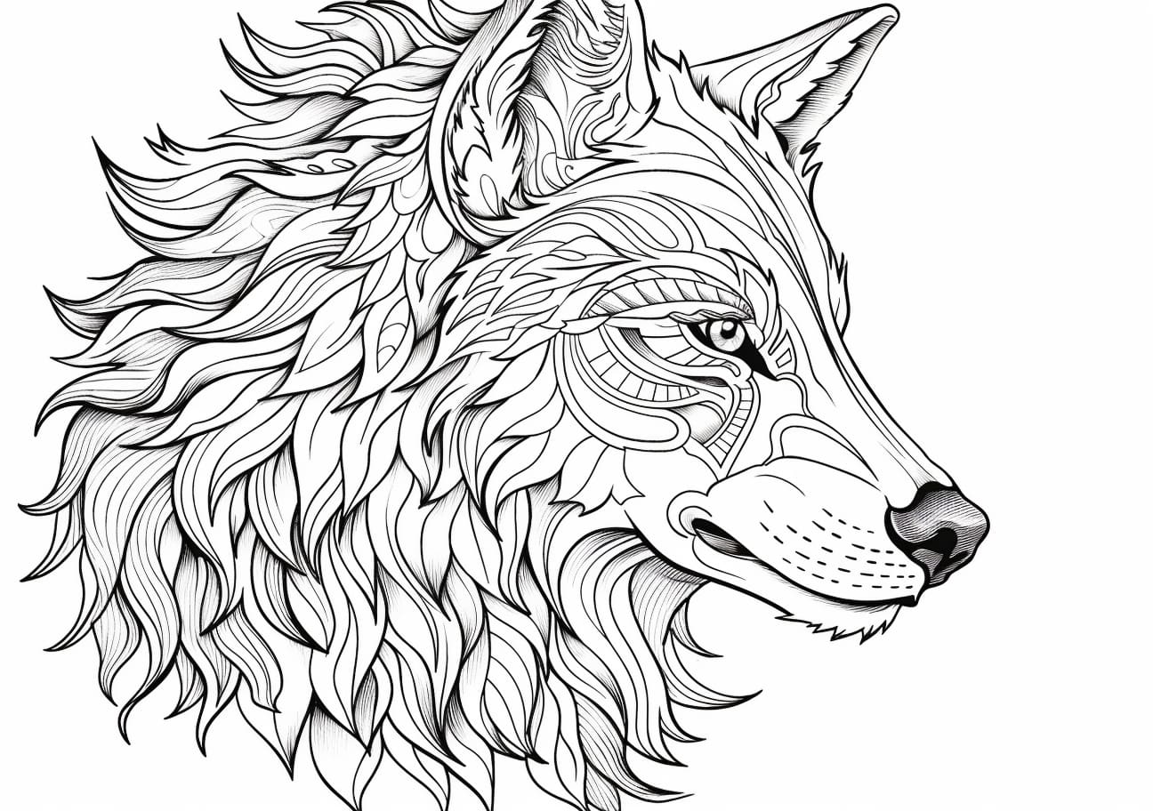 Wolf Coloring Pages, Wolf face in mandala style
