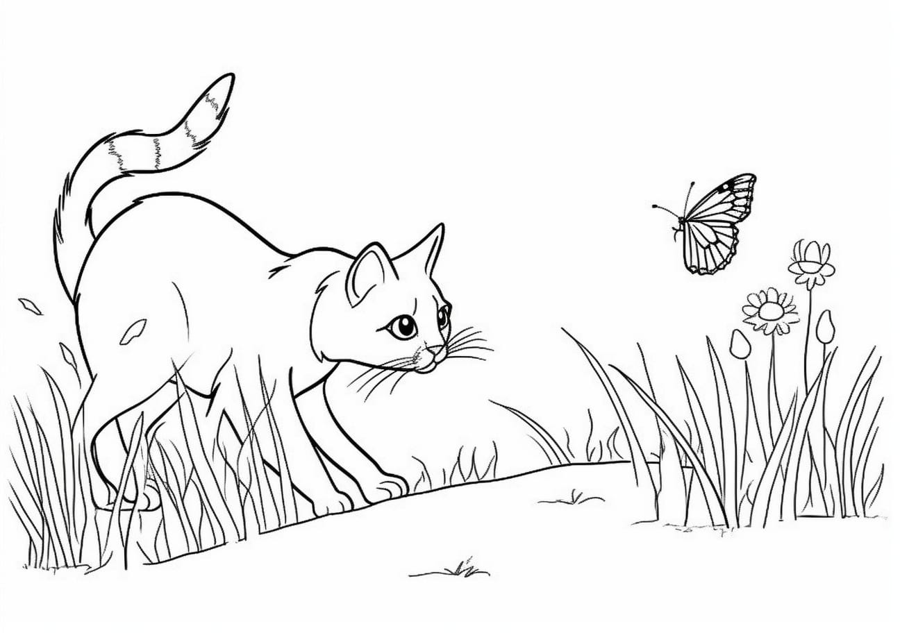 Domestic Animals Coloring Pages, gato atrapa una mariposa ilustración