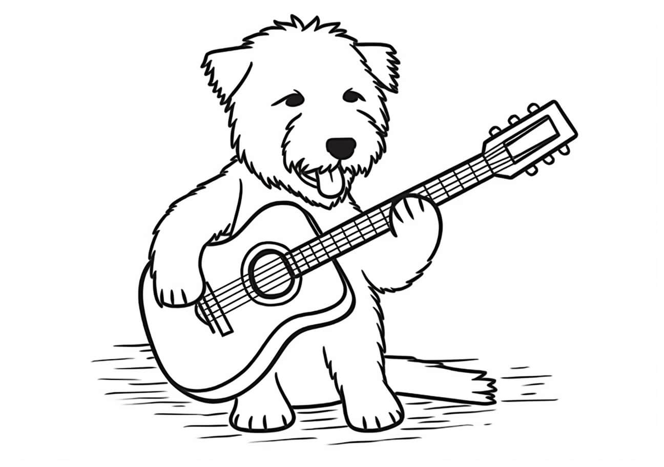 Dog Coloring Pages, The dog plays the guitar