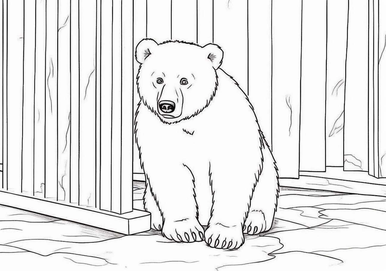 Zoo animals Coloring Pages, A beautiful adult bear near the zoo wall
