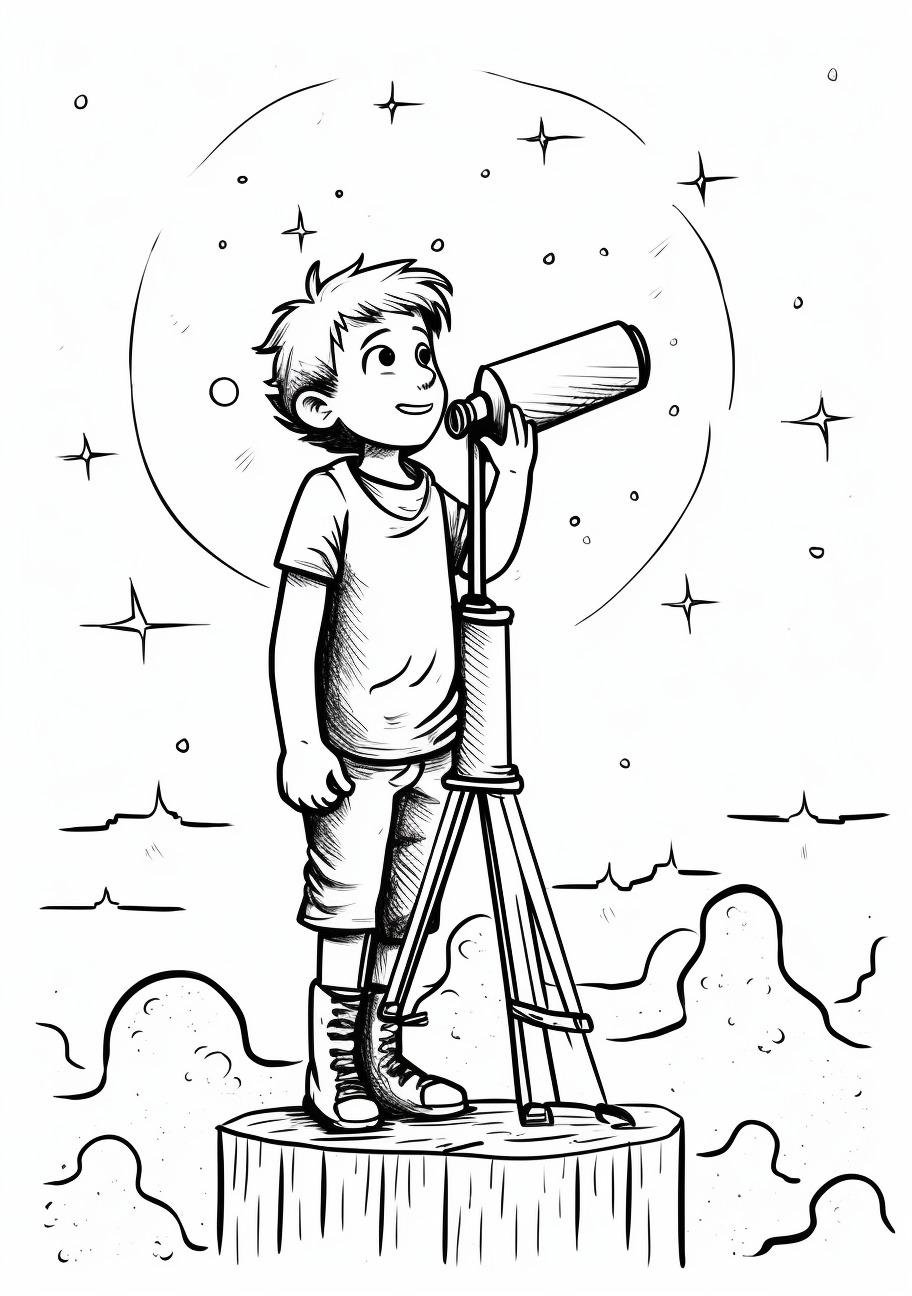 Moon Coloring Pages, Young boy looking at the moon