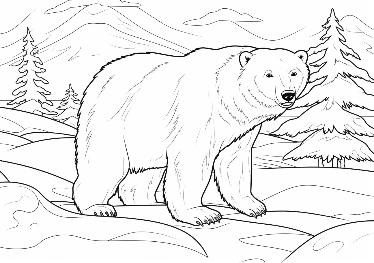 Polar Bear Coloring Pages, 雪の森を歩くホッキョクグマ