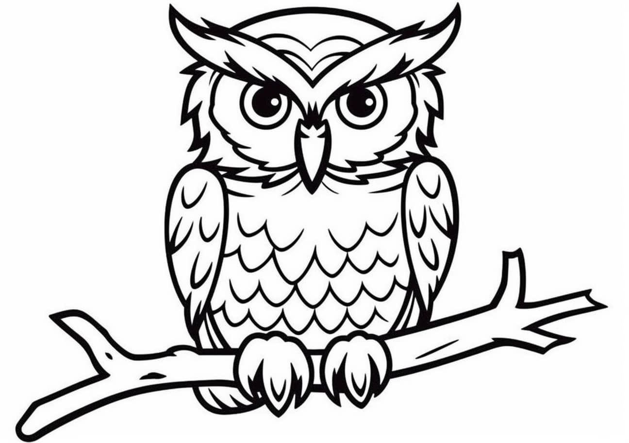 Owl Coloring Pages, 木の枝の上のフクロウ