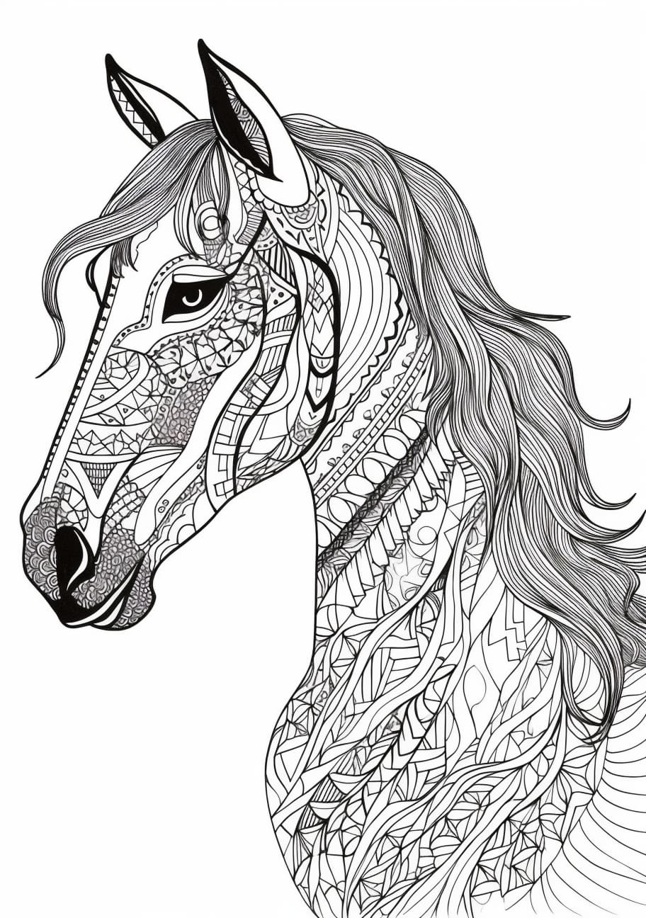 Horse Coloring Pages, Visage de cheval mignon pour adulte