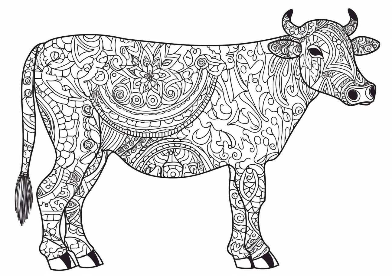 Cow Coloring Pages, Mosaic-style coloring of an adult cow
