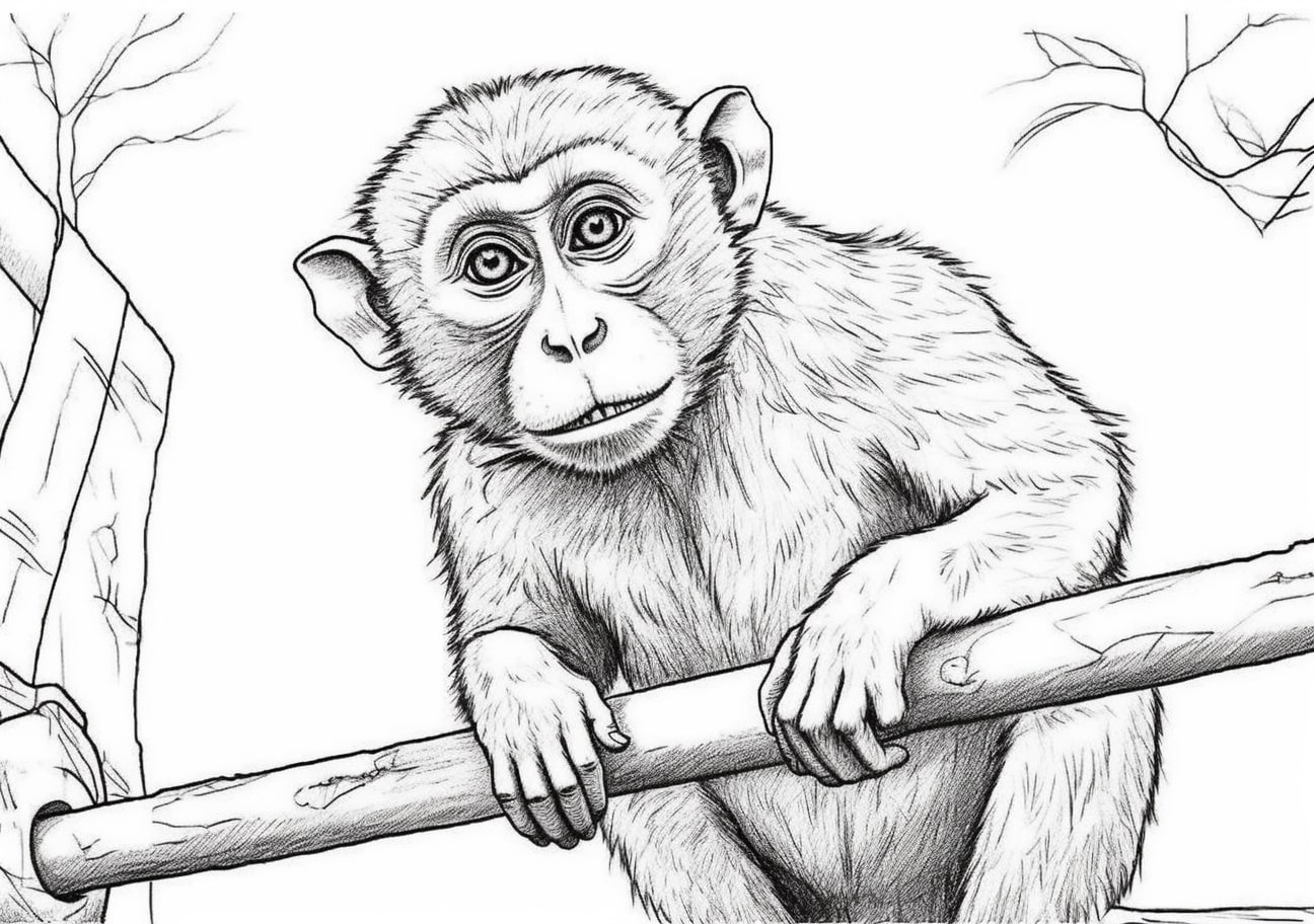 Zoo animals Coloring Pages, A monkey hanging on a branch