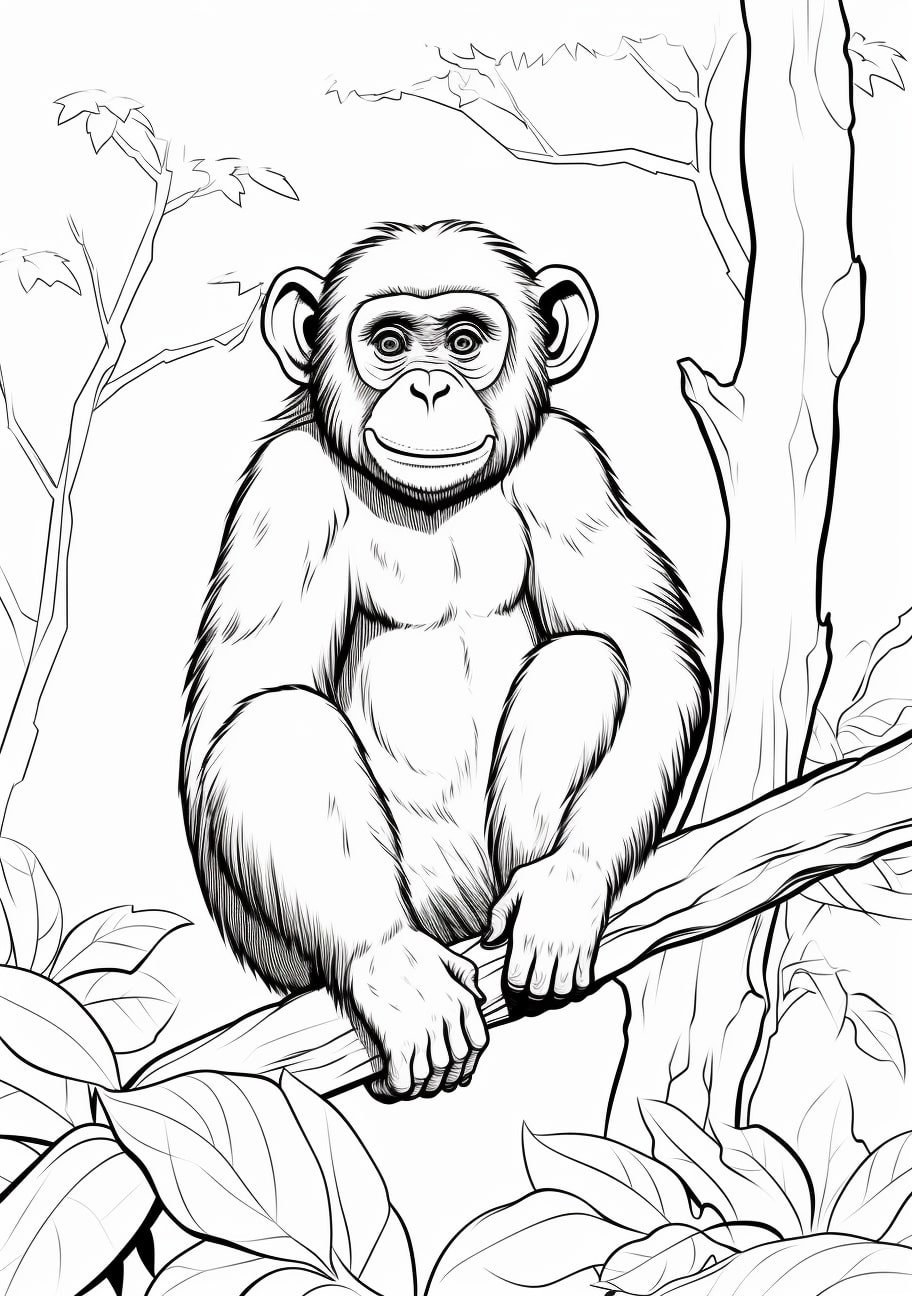 Chimpanzee Coloring Pages, Chimpanzee sitting on a tree branch in the jungle