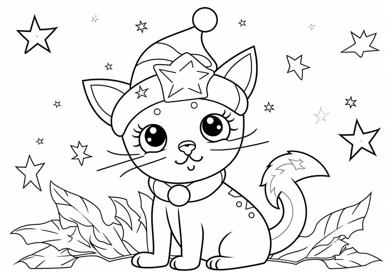 Christmas cat Coloring Pages, Chat de Noël et étoiles