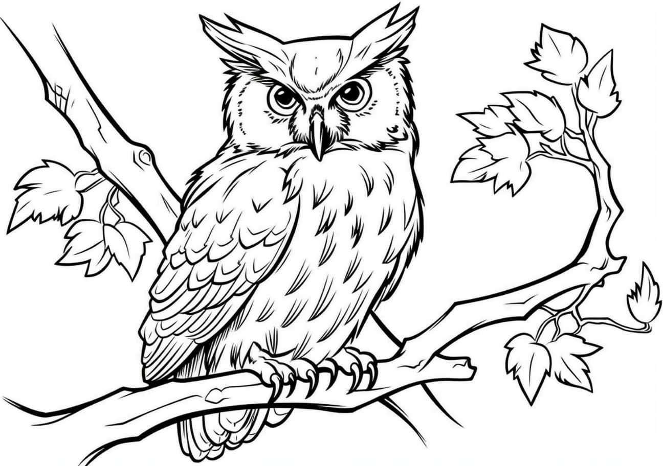 Owl Coloring Pages, 木の上のフクロウ