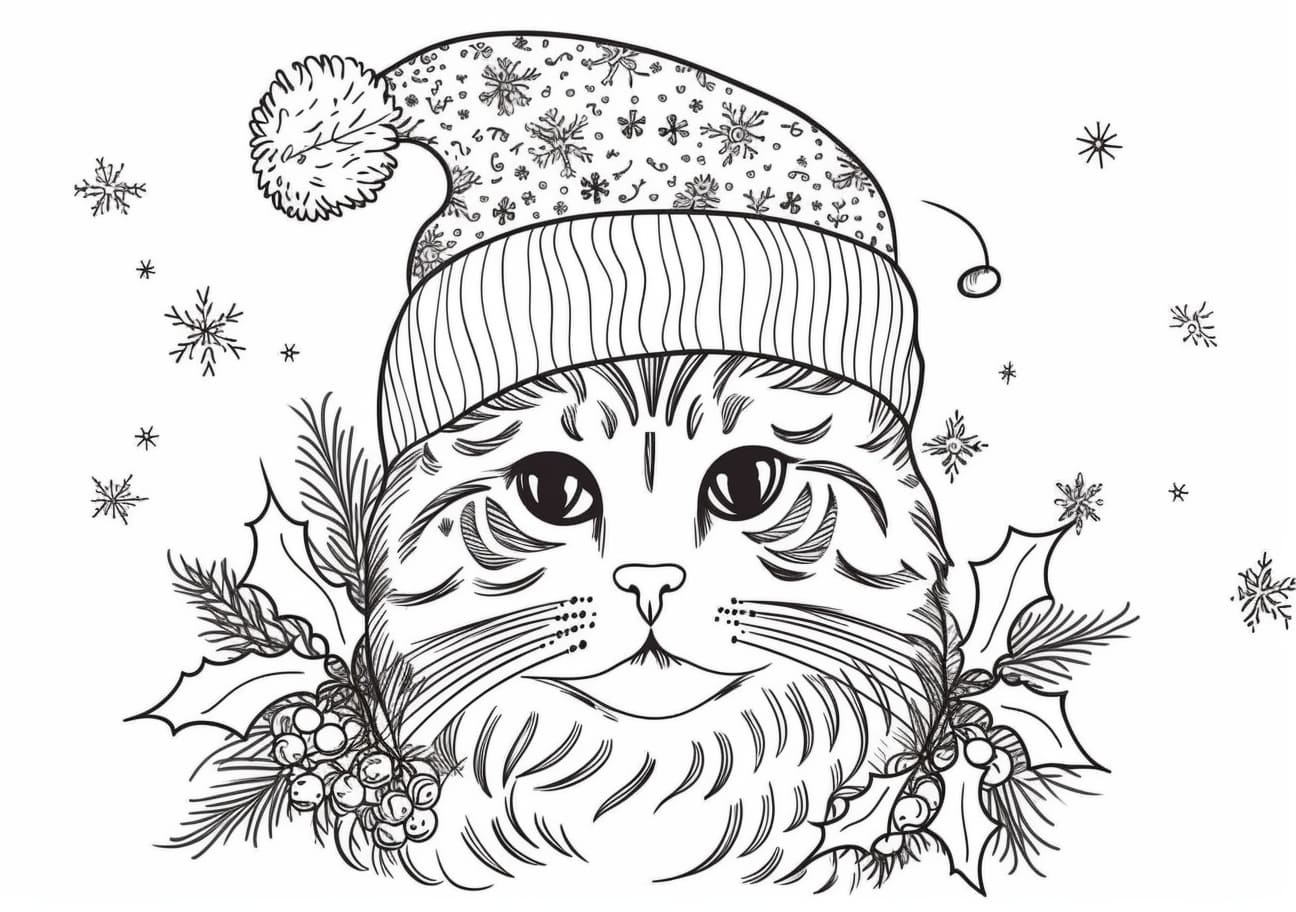 Christmas cat Coloring Pages, Cara de gato navideño