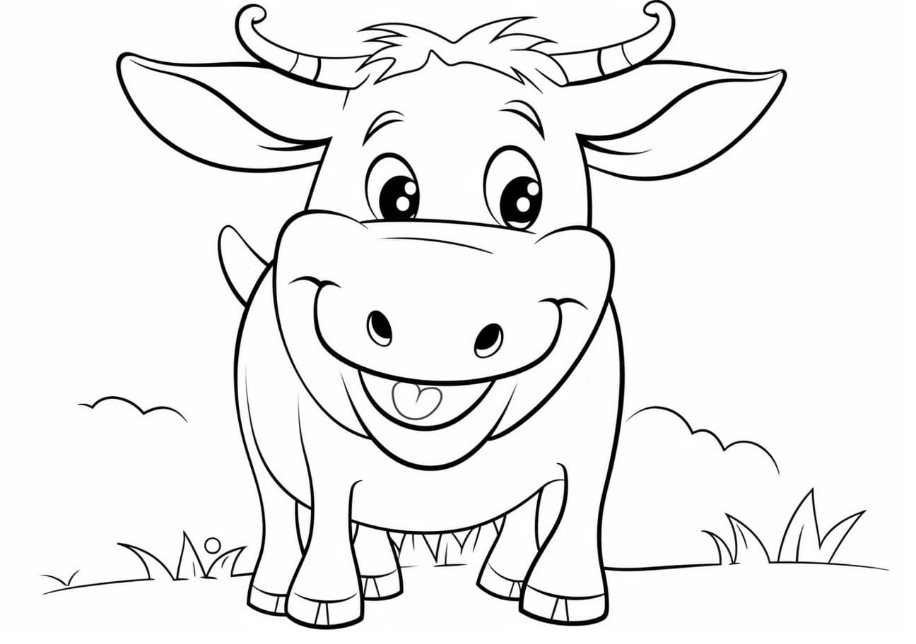 Cow Coloring Pages, A cow smiling close-up in a cartoonishly cute style
